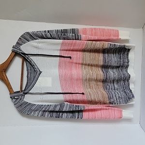 Floral Blooming Women's Black White Pink Brown Striped Hooded Sweatshirt,  L NWT